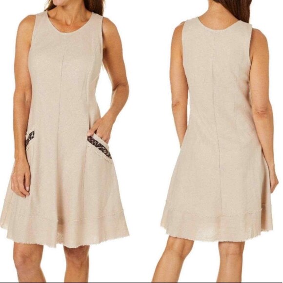 Roz & Ali Dress Khaki Linen Leopard Animal Print Trim Womens Size 16 - Picture 1 of 9